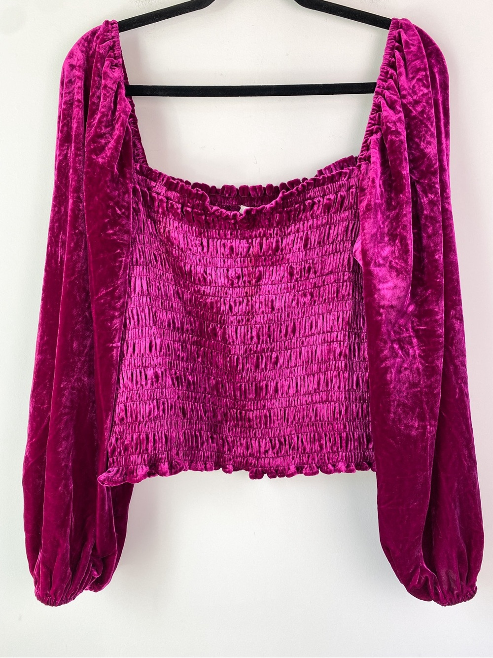 Anthropologie Womens Velvet Smocked Blouse XL Magenta Pink Long Sleeve Puff